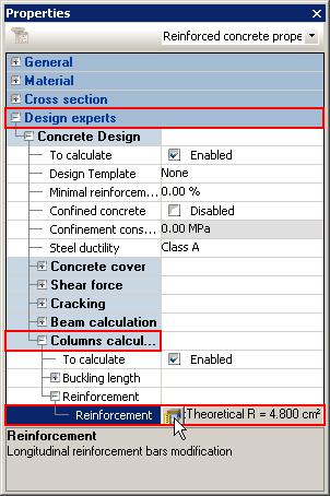 Viewing the column reinforcement During the concrete design calculation, the concrete expert determines the appropriate reinforcement for each column and suggests the reinforcement parameters. 1.