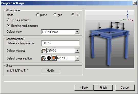 In this tutorial the following settings are used: 3D workspace. Bending rigid structure option enabled. Front view as default view. 0.00 C reference temperature. The working units: Lengths: Meter.
