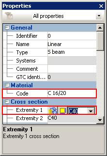 3. In the Properties window, make the following settings: Material Select the C 16/20 material code. Cross section From the Extremity 1 drop-down list select the C40 cross section.
