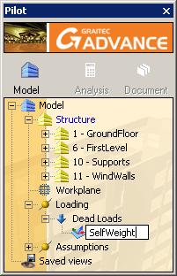 A dead loads case family and a dead load case (G) are created in the Pilot, in Loading.