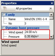 2. In the Properties window, set the properties of the Wind EN 1991-1-4 case family: Dynamic base pressure Enter a 24m/s wind speed.