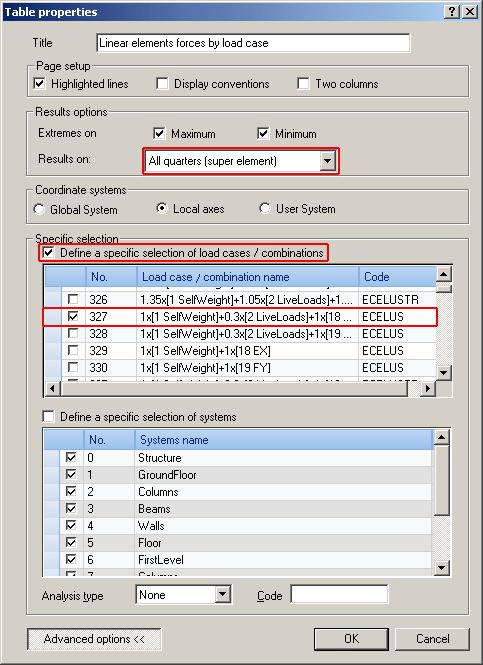 6. In the Table properties dialog box, make the following settings: Click the Advanced options button to display the Specific selection panel.