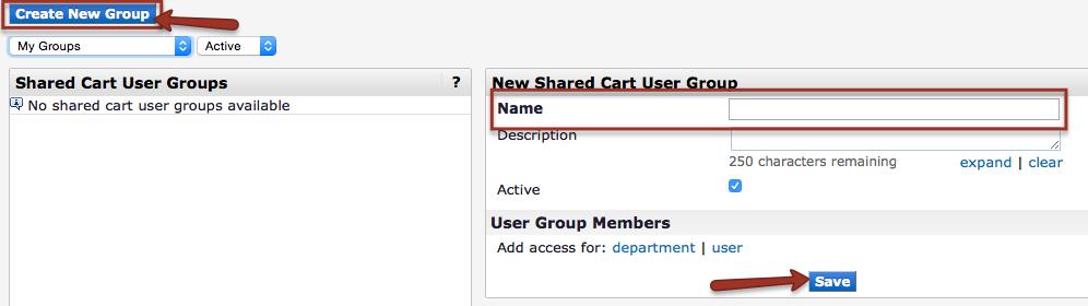 Once the Manage Groups for Shared Carts screen displays, new groups can be