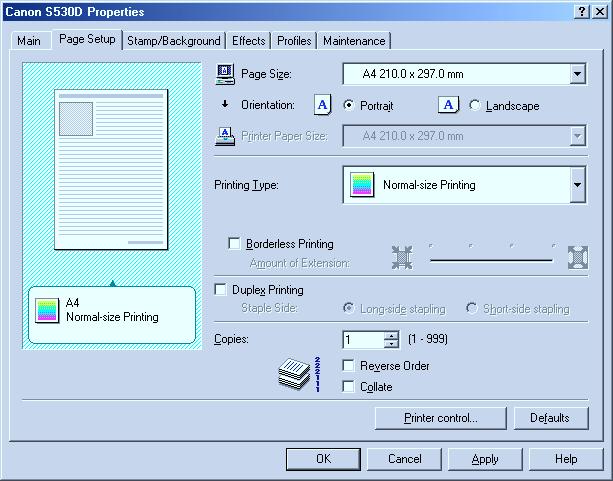 Printer Driver Functions (Windows) Page Setup Tab (1) (2) (3) (4) (5) (6) (7) (8) (1) Page Size Ensure the correct paper size is selected.