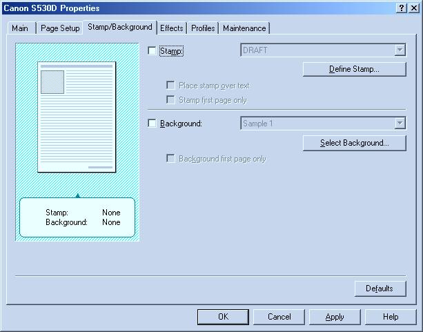 Printer Driver Functions (Windows) Stamp/Background Tab (1) (2) (3) (4) (5) (6) (7) (1) Stamp Select the checkbox and choose the stamp.