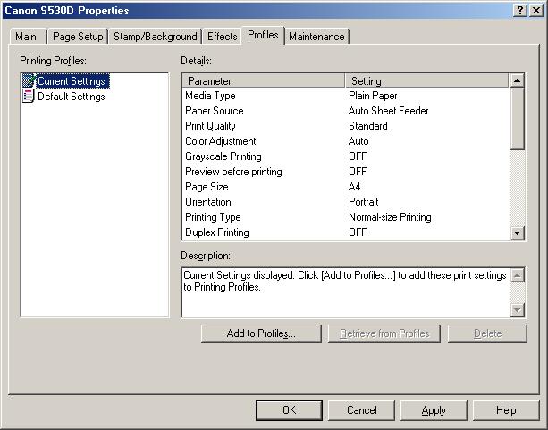 Printer Driver Functions (Windows) Profiles Tab (1) (2) (3) (4) (6) (5) (1) Printing Profiles This list displays the printing settings currently registered in the Profiles tab.