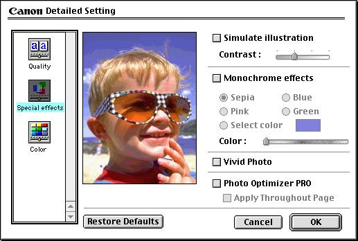 Printer Driver Functions (Macintosh) Special Effects Panel To display the Special Effects panel, click the Special effects display icon.