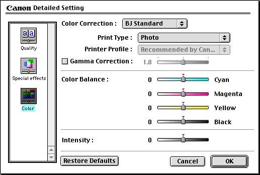 Printer Driver Functions (Macintosh) Color Panel To display the Color panel, click the Color display icon.