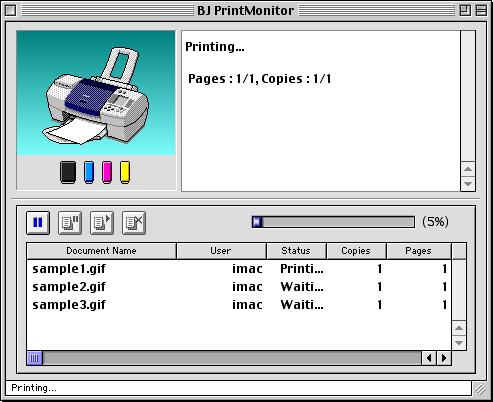 Printer Driver Functions (Macintosh) BJ Print Monitor Functions... Click to pause printing of the specified document.... Click to resume printing.... Click to cancel printing of the specified document.
