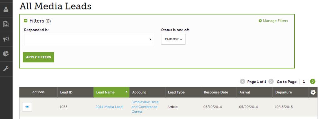 Opportunities Media Leads By clicking the RFP icon and then selecting Media Leads, you can view Leads sent to your property by the Bureau s Media/PR department.