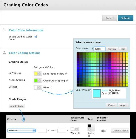 Guide: ETG- 36 Effective: 20 May 2014 Page #: 66 of 74 Use the following steps to add color coding to the Grade Center cells. 1. On the action bar, point to Manage and click Grading Color Codes. 2. On the Grading Color Codes page, select the check box for Enable Grading Color Codes.
