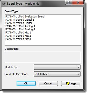 Figure 6: PCAN-MicroMod Configuration: selection of the Mix 3 motherboard Board Type: PCAN-MicroMod Mix 3 Module No: 0 The module number of the MicroMod on the Mix 3 motherboard is set to 0 at