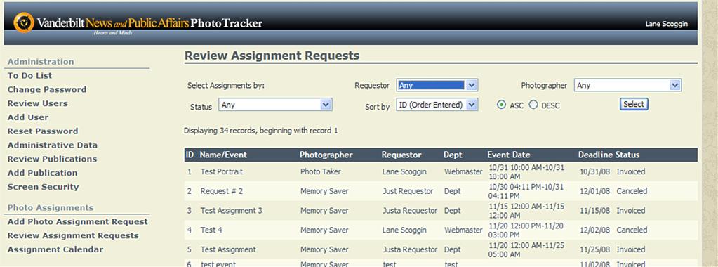 Review Assignment Requests You can look up requests by requestor, photographer and/or status.