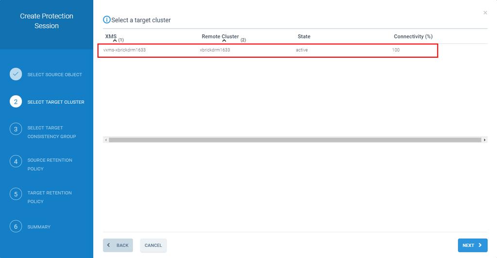 6. Select a target cluster from the table and click next. Figure 27. Target Cluster Selection 7.