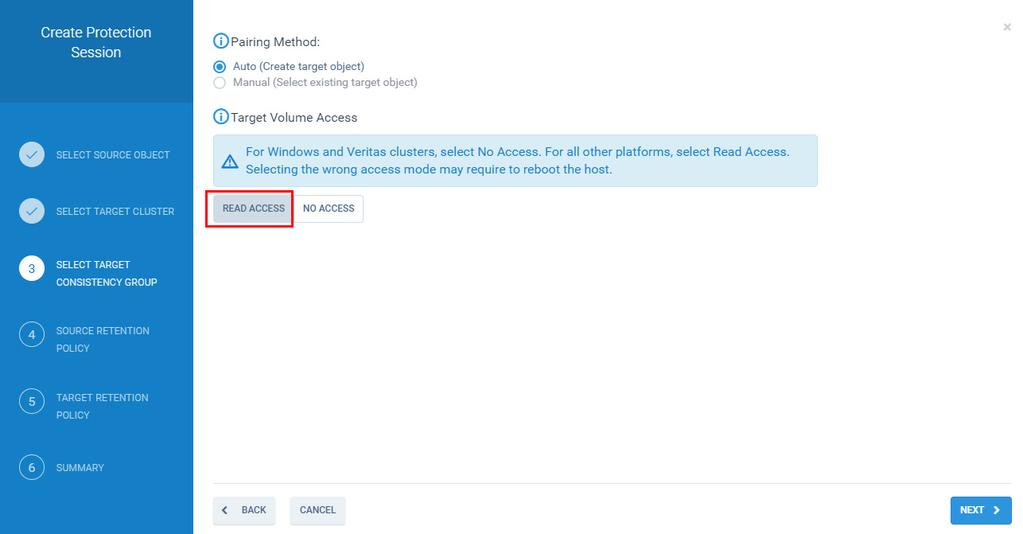 8. Set the Target Volume Access by selecting Read Access. Click Next. Figure 28.