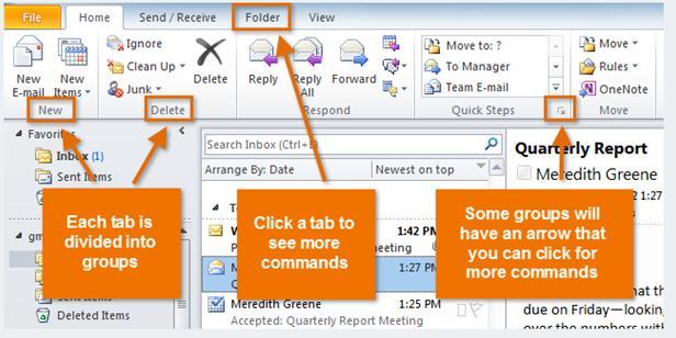 Ribbon: The Ribbon contains all the commands you will need to perform common actions in Outlook.