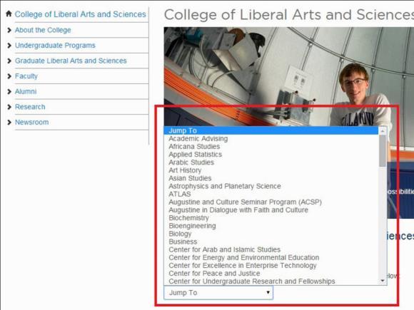 Figure 6: UNC Charlotte CLAS Academics list versus jump-to menu from competitive university website.