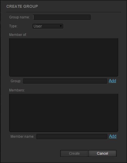 3. In the Create Group dialog, do the following: Initial Setup of Project Store In Group name, enter the name of the group. In Type, select whether this will be a group of Users or Administrators.