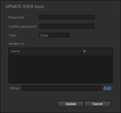 3. In the Update User dialog, do one of the following: Initial Setup of Project Store To change the password of the user, enter the new password in the corresponding fields.