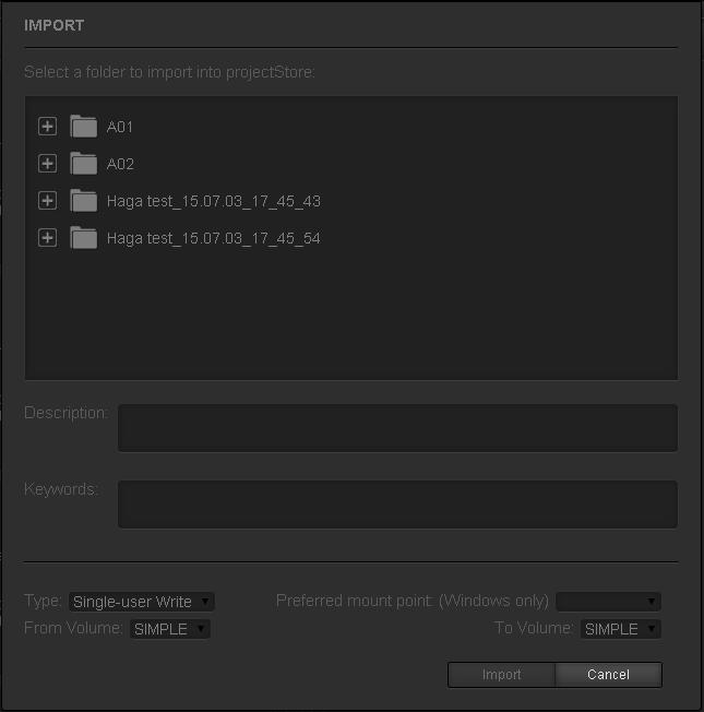 Working with Project Store To import an existing project into the repository: 1. In the User interface, click Import. Note: The button is inactive, if project quotas are enabled in Project Store.
