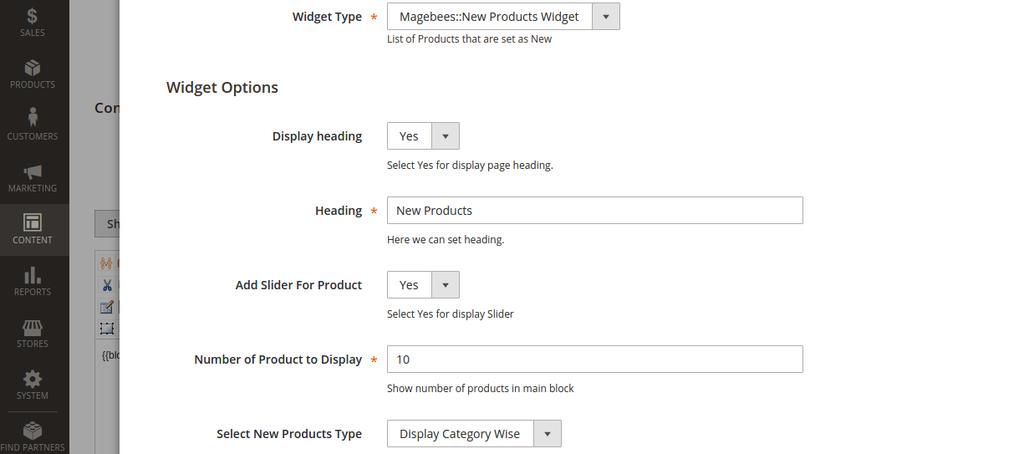 6) Save the widget after choose widget options. NOTE: widget configuration setting only applicable on New product grid template.