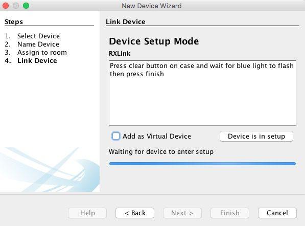 Put the RXLink into setup mode and then click Device is in setup. This will send the Ident signal to the RXLink.