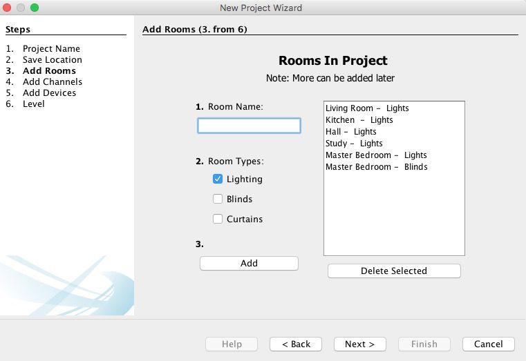 To add rooms to the project, type in the room name, select the room type (lights, blinds or switched) and click add.