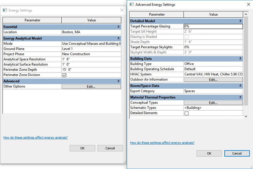 Defining Energy Model Settings and Features Project Information and