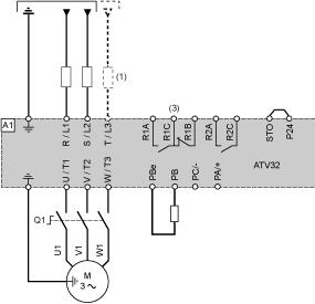 (1) Line choke (if used) (3) Fault relay contacts, for remote signaling of drive status Single or Three-phase Power Supply - Diagram with Switch Disconnect Connection diagrams conforming to standards