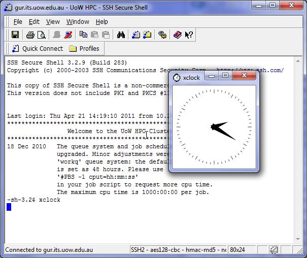 Figure 20: Select UoW HPC profile to log into the cluster and type xclock to test.