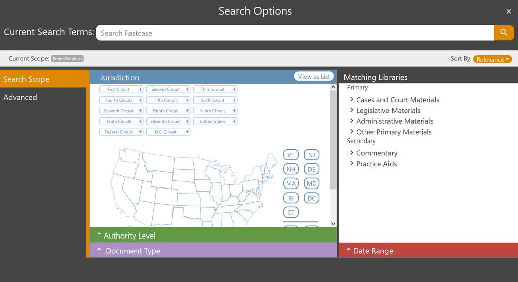 3 ADVANCED SEARCH Selecting a Specific Jurisdiction for Your Search Click on the Options button to select advanced search options.