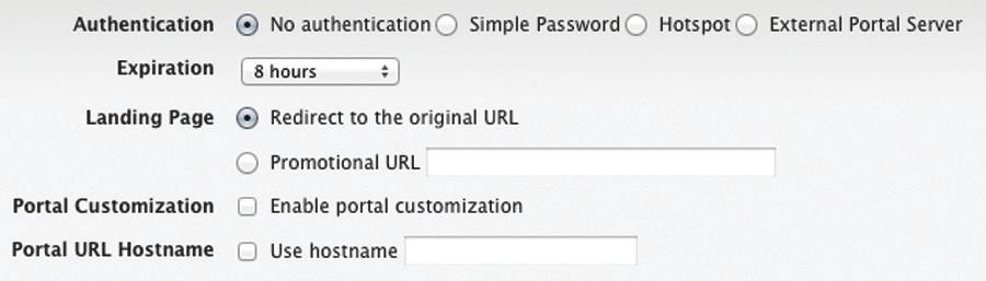 When you select No authentication, you must select Guest Policy under Settings > Wireless Networks > SSID > Edit > Wireless Configurations in order to enforce selection of the Terms of Use by the