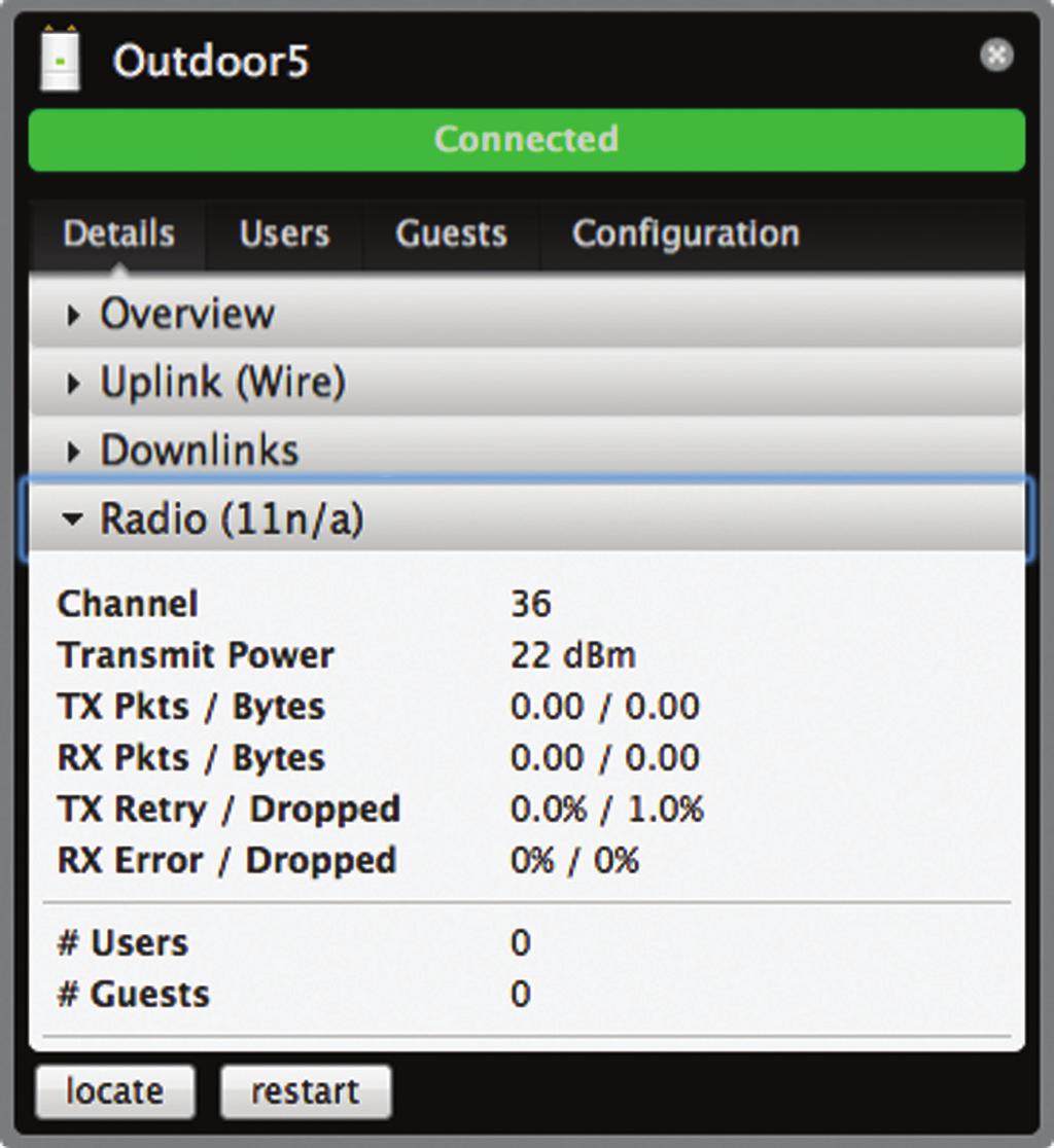UniFi AP-Outdoor User Guide Chapter 10: Access Point Details Downlinks Displays which wireless Access Points are currently connected to the wired Access Point.
