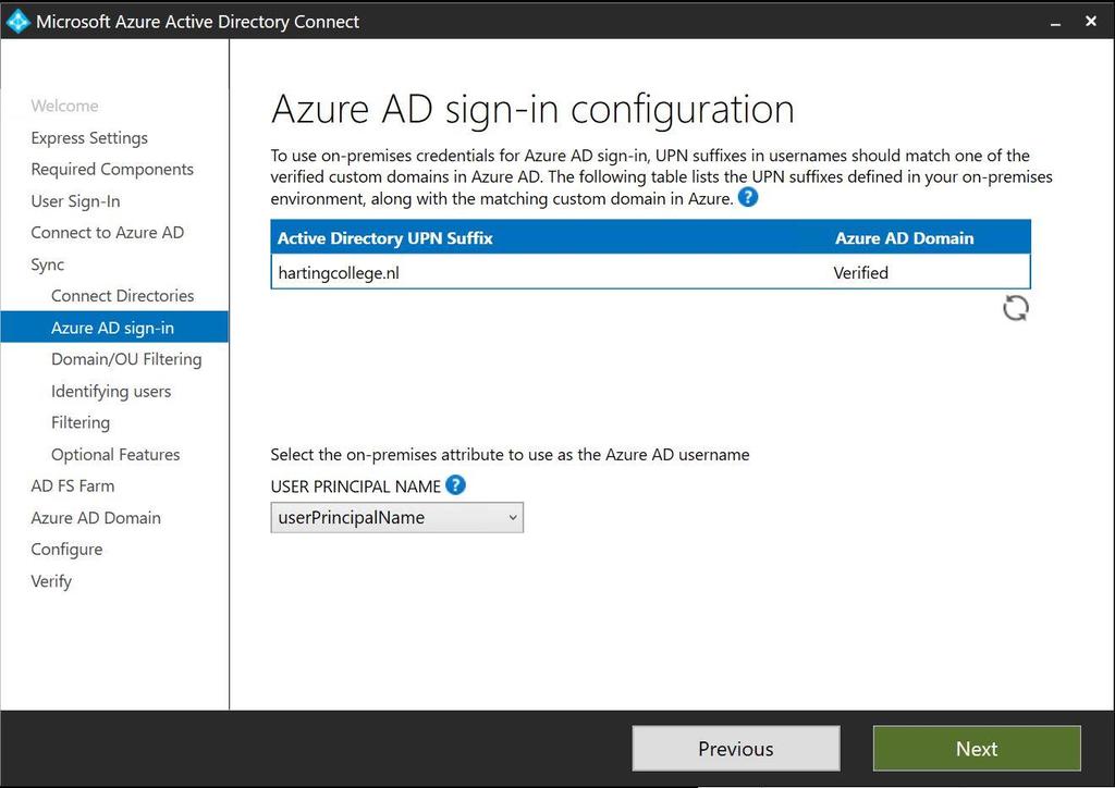 Step 8: Azure AD sign-in configuration On this page your Office 365 domains will be visible. The verification status will also be visible.