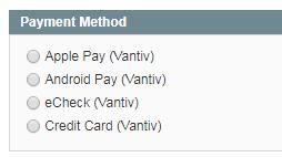 Step 5: Add products to the shopping cart Step 6: The following payment methods can be available: 1. Android Pay Card (Vantiv) (optional) 2. Apple Pay Card (Vantiv) (optional) 3. echeck (Vantiv) 4.