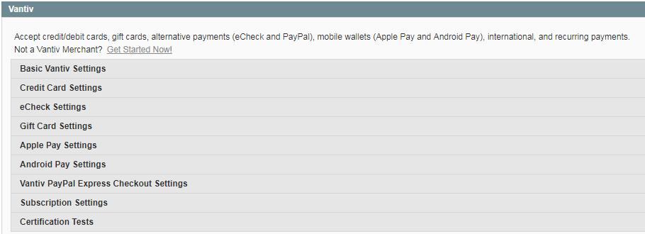 4. Configuration Vantiv Configuration settings are available under the Magento payment methods configuration section: Step 1: Login to the Admin Dashboard as a