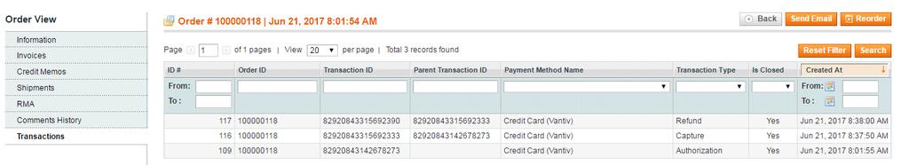 11.2 Transactions The Vantiv Payment Gateway extension uses native Magento transaction functionality. To check transaction details go to the Transactions tab on the order details page.