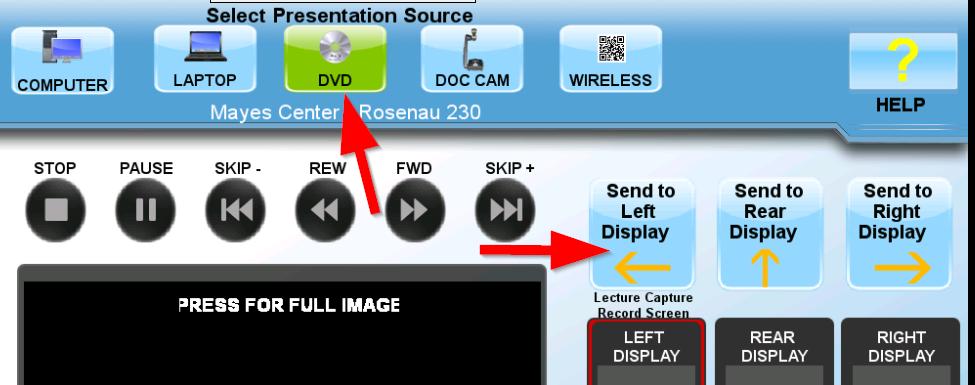 To Play and Display a DVD: Insert the DVD into the DVD Player (located inside the podium); Press the DVD button at the top of the