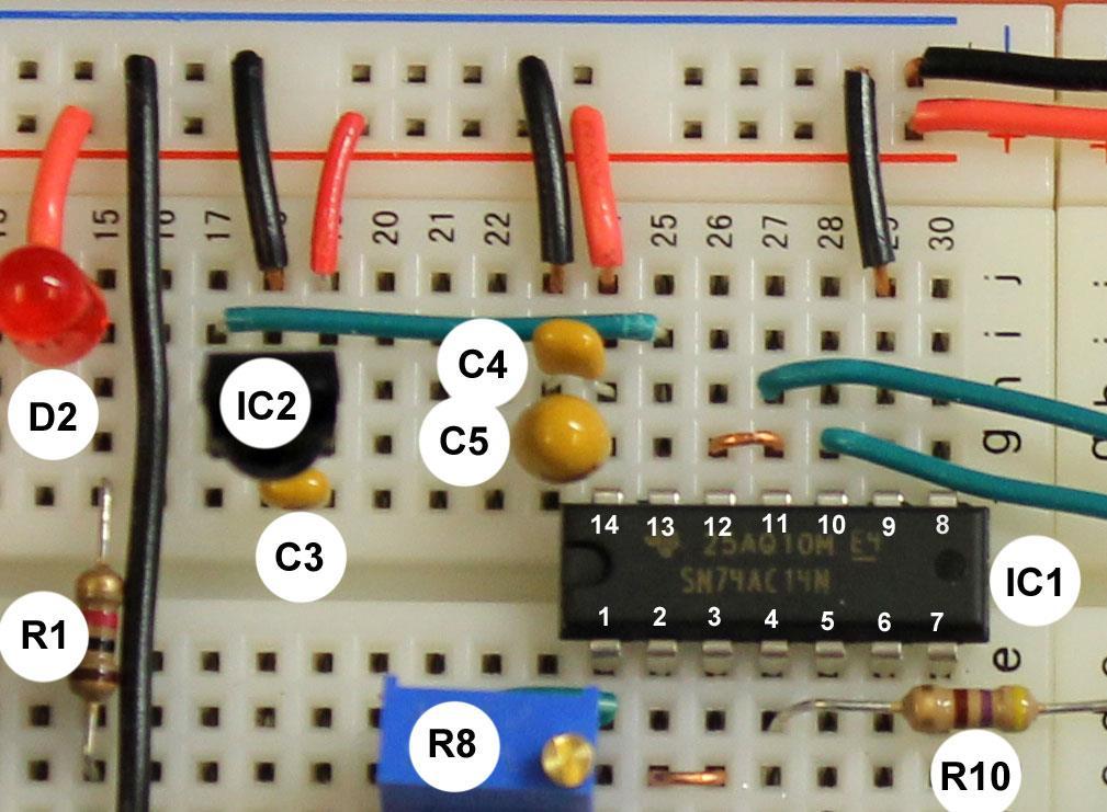 10 Assembly of IR Detector Circuit on Breadboard 1. Remove the two black jumper wires that connect rows 25 and 27 to the negative power bus (they have already been removed in the photo below). 2. Insert the IR detector (IC2) on the breadboard.