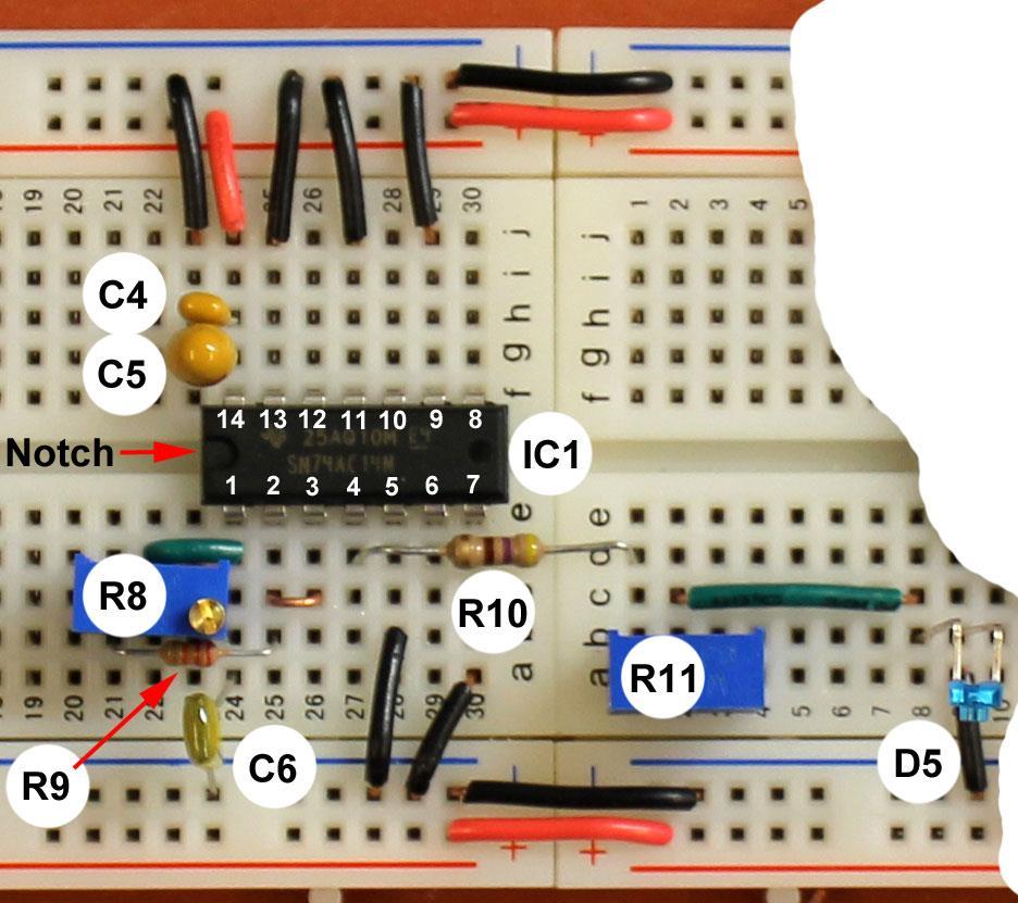 7 Assembly of IR Emitter Circuit on Breadboard The integrated circuit IC1 should already be inserted on the breadboard as seen in the photo below, rows 24 through 30 of the left half of the board. 1.