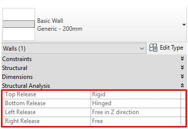 The releases are applied to walls as Shared parameters and are only read-only. By default they are applied to both Wall and Analytical wall and are located under Structural Analysis tab.