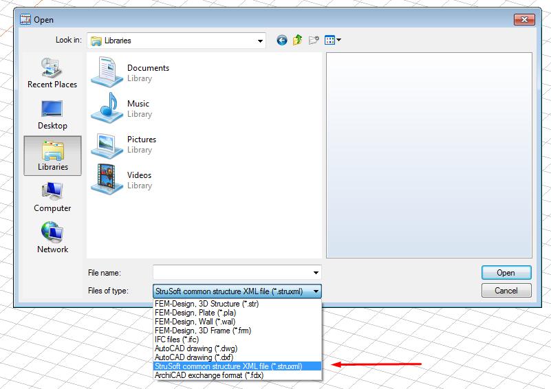 9.8. Open StruXML StruXML file containing exported model from Revit has to be open directly in FEM-Design. StruXML files can only be open in the 3D Structure and 3D Frame module of FEM-Design.
