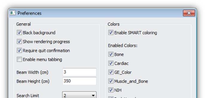 To access the preferences for BodyViz, select the Tools -> Preferences menu item in the menu bar at the top of the screen. The Preferences panel can be seen below in Figure 14.