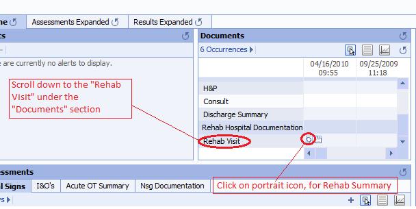 To view Rehab Visits: 1. In the center of the screen under Documents, look under Rehab Visit click on the link. (This will open the PDF document that contains the entire Rehab report for that patient.
