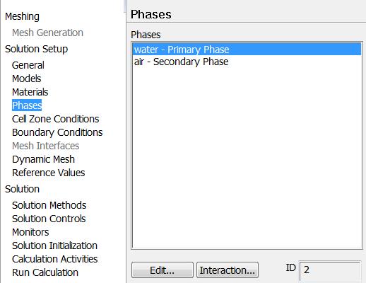 Multiphase Model Setup Define Phase Interactions. Click the Interaction Button.