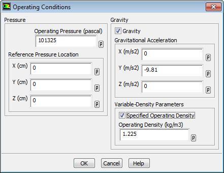 Set Operating Conditions Problem Setup>Cell Zone Conditions. Click Operating Conditions in the centre pane below the Cell Zone Conditions box.