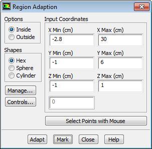 Patch the Initial Solution Adaption Register [1] Next, define the region of the domain to be filled with liquid. In the top menu, select Adapt>Region.