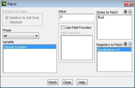 Patch the initial solution into the adaption register. Click Patch under Solution Initialization in the outline tree. In the panel that opens, under Phase, select air.