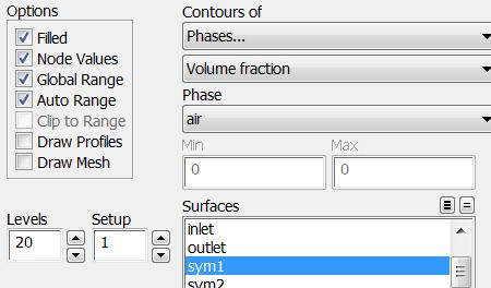 Choose Contour in Graphics. Switch to Phases. Volume Fraction air. choose sym1 at Surface list. Check "Filled".