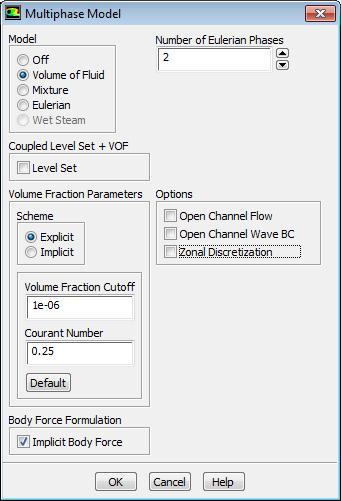 Enable VOF Multiphase Model Enable the VOF multiphase model. Double click on Multiphase. Enable "Volume of Fluid". Set "Number of Eulerian Phases" to 2. Ensure that Scheme is set to Explicit.